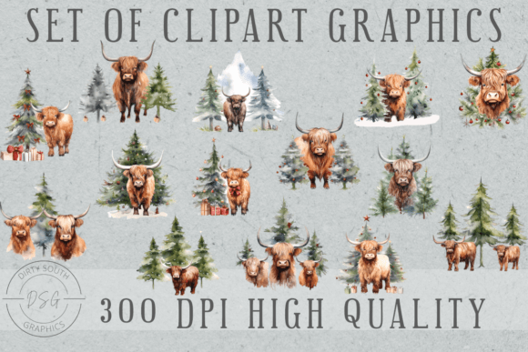 14 Watercolor Christmas Highland Cows Illustrations