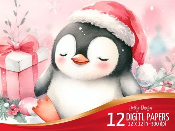 Adorable Baby Penguin at Christmas Night Illustrations