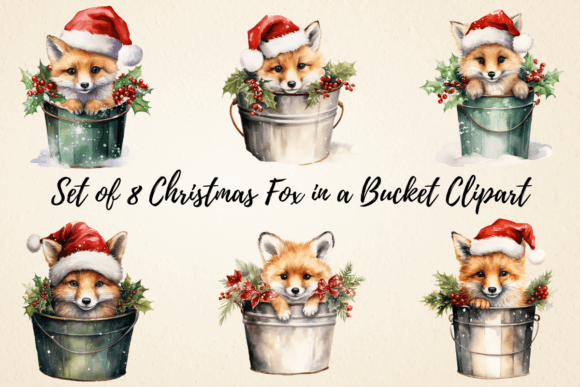Christmas Fox in a Bucket Clipart: Illustrations