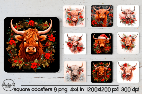Christmas Highland Cow Coaster Illustrations