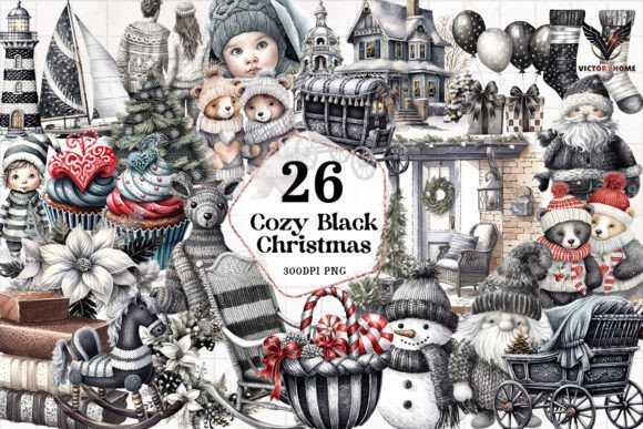Cozy Black Christmas Watercolor Clipart & Illustrations