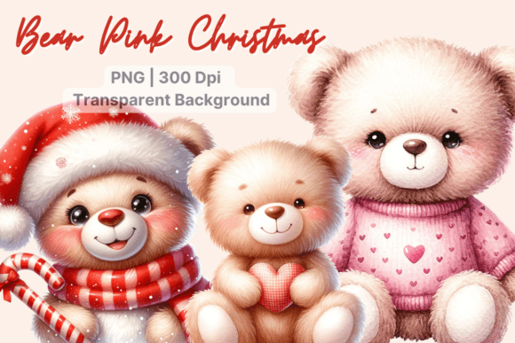 Watercolor Christmas Pink Bears: Festive Illustrations