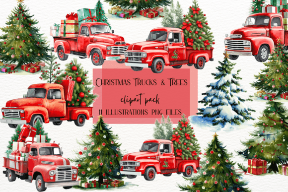 Watercolor Christmas Trucks and Trees Illustrations
